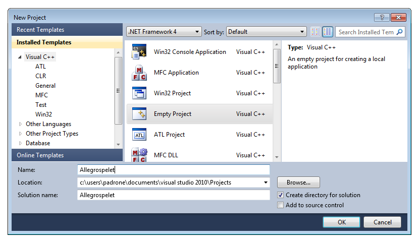 Ett tomt projekt i Visual C++