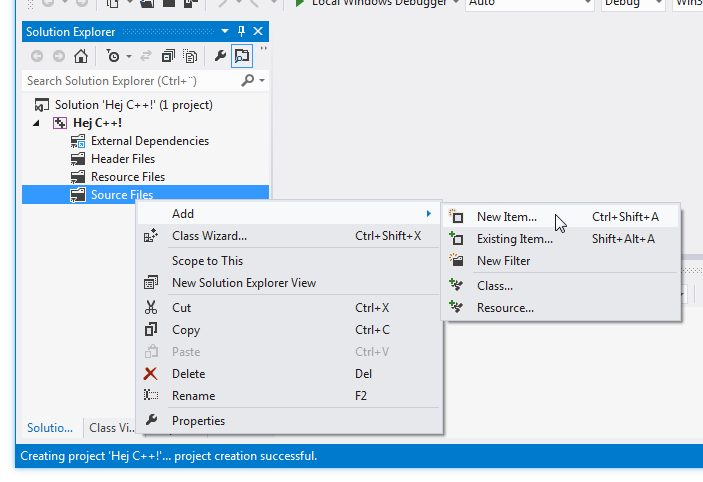 Menyval i Visual Studio-fnstret