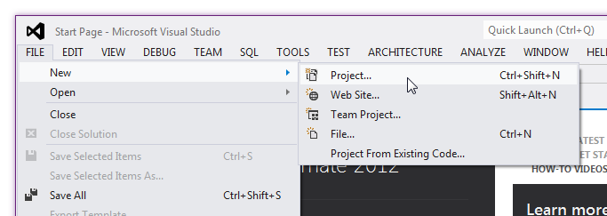 Menyval i Visual Studio-fnstret