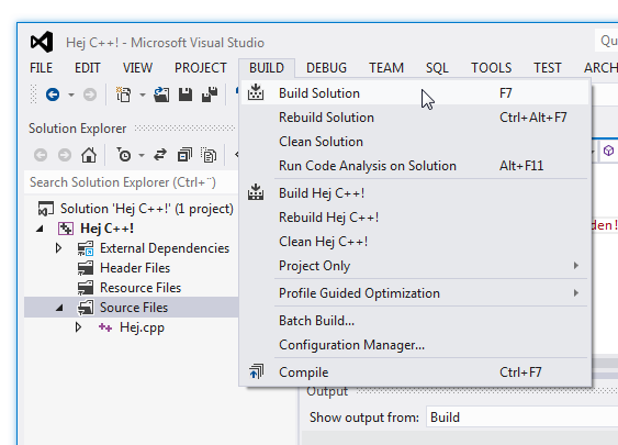 Menyval i Visual Studio-fnstret