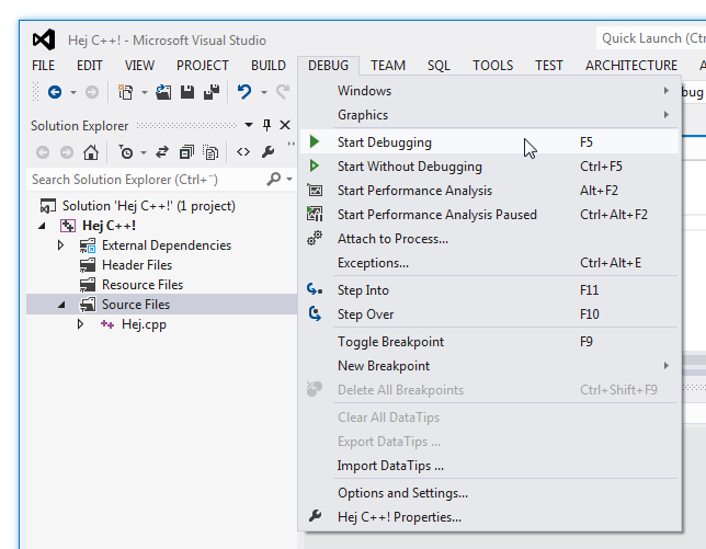 Menyval i Visual Studio-fnstret