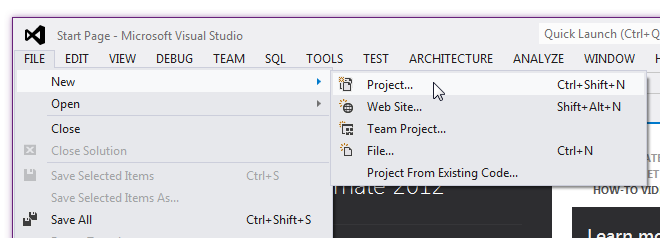 Menyval i Visual Studio-fnstret
