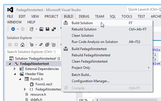 Menyval i Visual Studio-fnstret