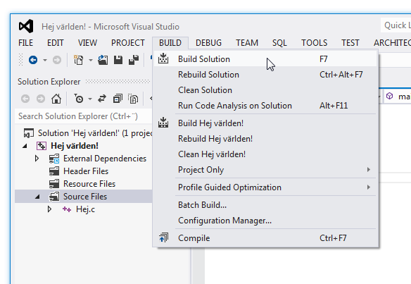 Menyval i Visual Studio-fnstret