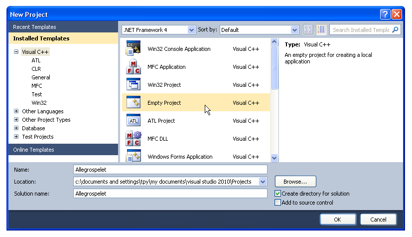 Ett tomt projekt i Visual C++