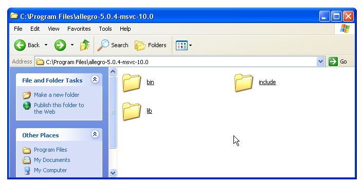 Den uppackade zip-filen allegro-5.0.4-msvc-10.0.zip