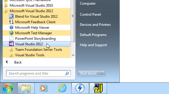 Visual Studio i Start-menyn