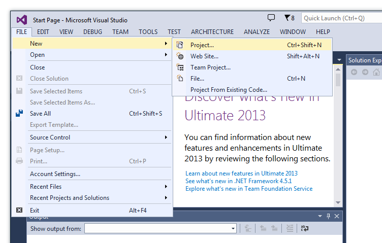 Menyval i Visual Studio-fnstret