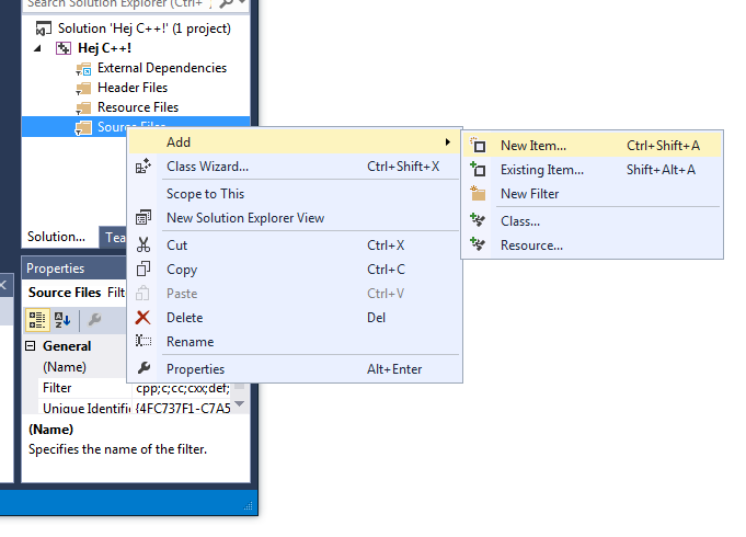 Menyval i Visual Studio-fnstret