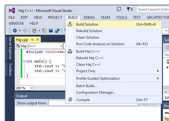 Menyval i Visual Studio-fnstret