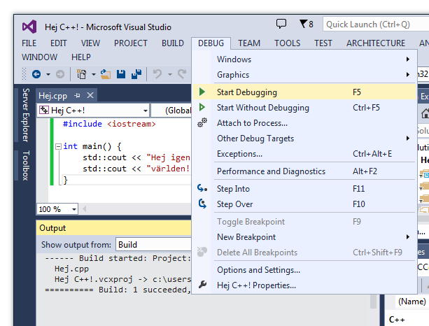 Menyval i Visual Studio-fnstret