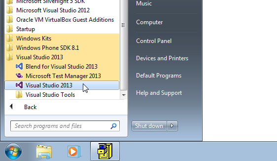 Visual Studio i Start-menyn