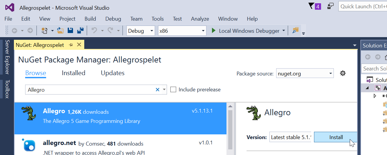 Installera Allegro med NuGet