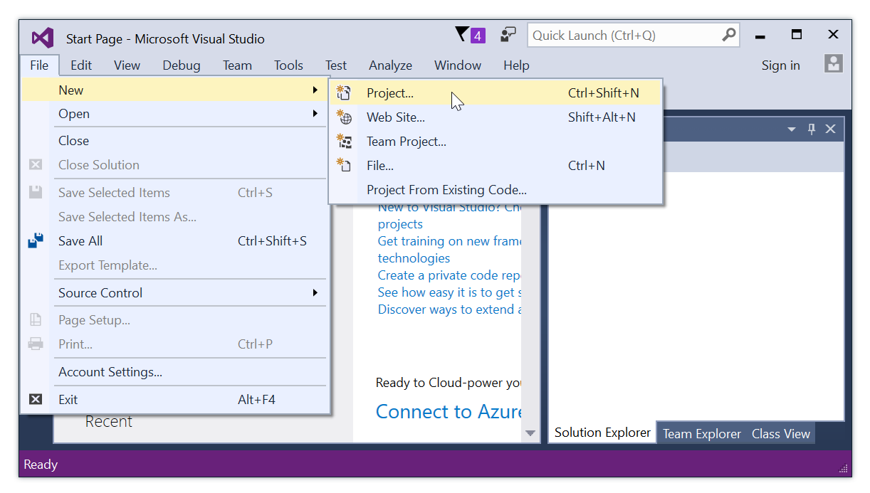 Menyval i Visual Studio-fnstret