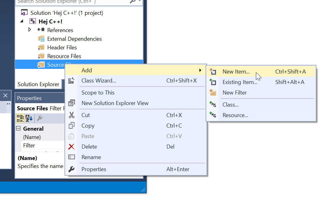 Menyval i Visual Studio-fnstret