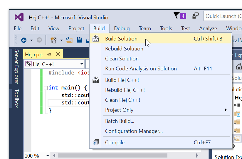 Menyval i Visual Studio-fnstret