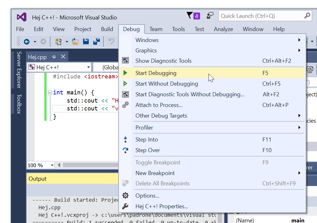 Menyval i Visual Studio-fnstret