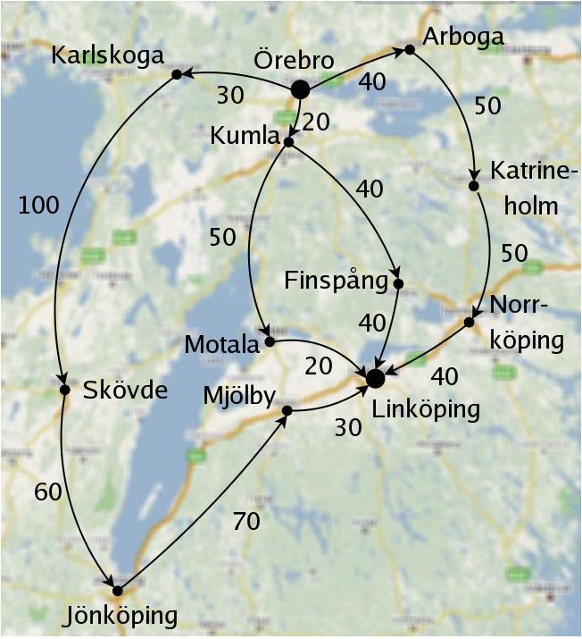 En karta med stder, vgar och vglngder