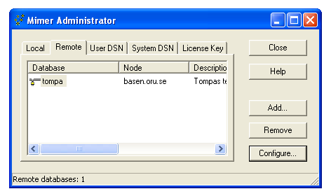 The Mimer Administrator window