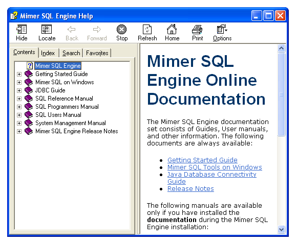 The Windows help window for Mimer
