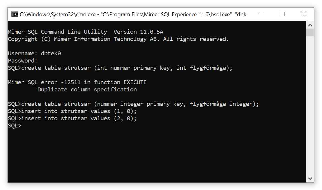The Mimer Batch SQL windows
