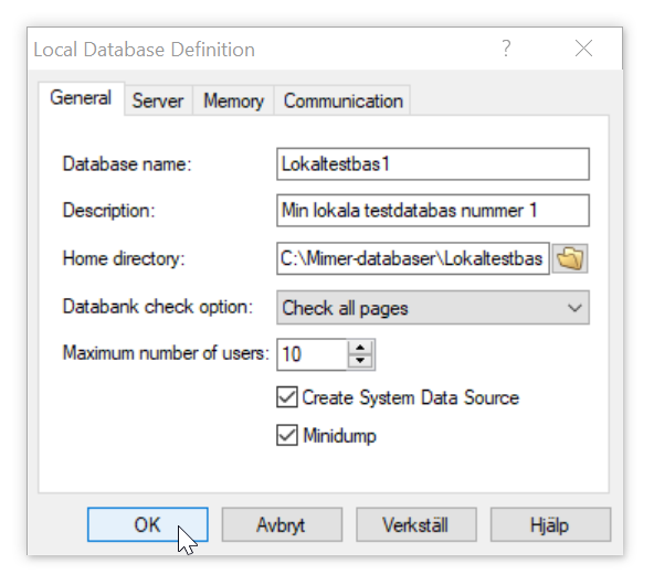 The Mimer Administrator window