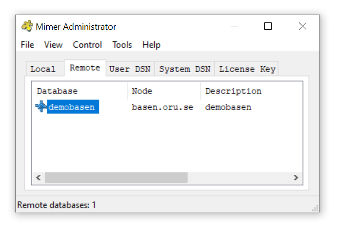 The Mimer Administrator window