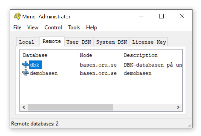 The Mimer Administrator window