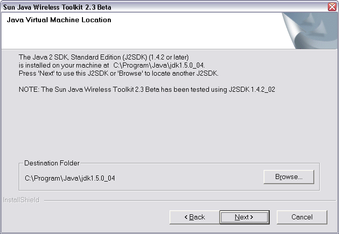 Skrmdump som visar installationsprogrammet som har hittat en J2SDK