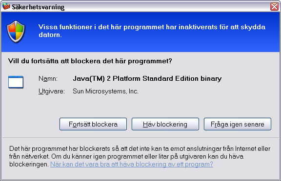 Skrmdump som visar Microsofts brandvgg som frgar om man vill blockera programmet