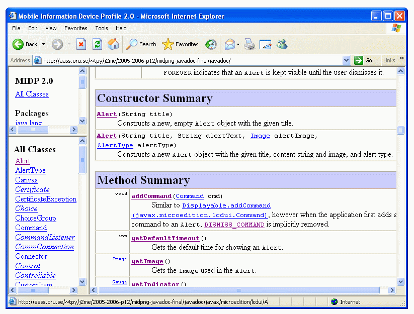 MIDP-API-specen i en Internet Explorer