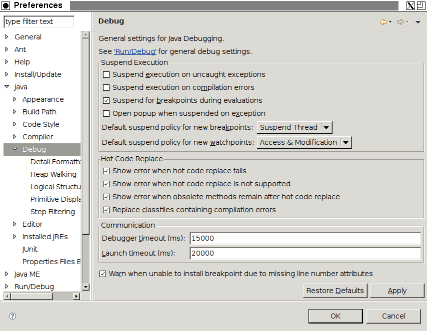 Instllningar fr debuggern