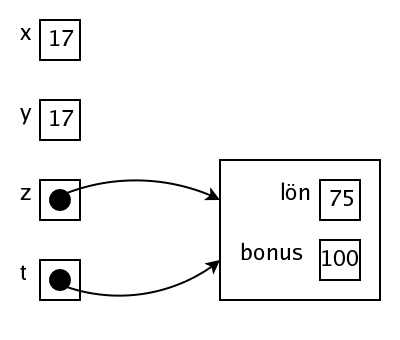 Variabler (x och y) av en vrdetyp och (z och t) av en referenstyp