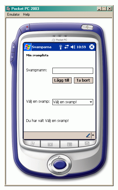 Tillmpningen "Svamparna" med automatisk databindning i emulatorn och i debuggern