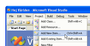Menyval i Visual Studio-fnstret