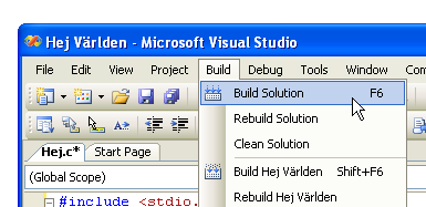 Menyval i Visual Studio-fnstret