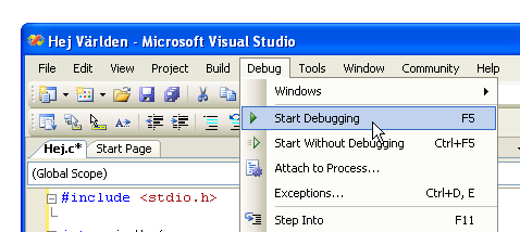 Menyval i Visual Studio-fnstret
