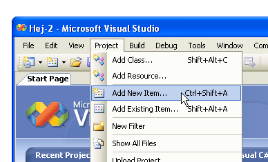 Menyval i Visual Studio-fnstret