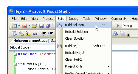 Menyval i Visual Studio-fnstret