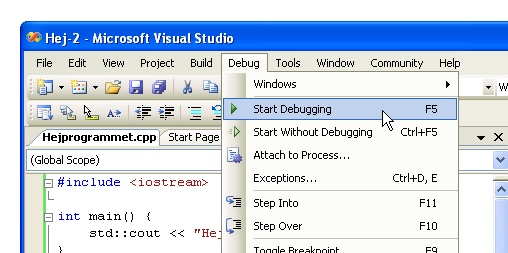 Menyval i Visual Studio-fnstret