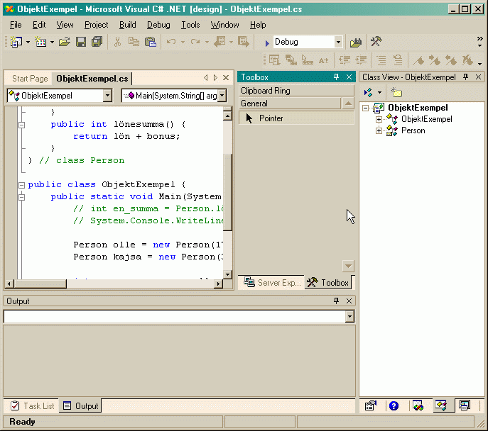 Visual Studio-fnstret, med filen ObjektExempel.cs