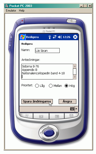 Emulatorn med ett exempel p en lsning av uppgiften