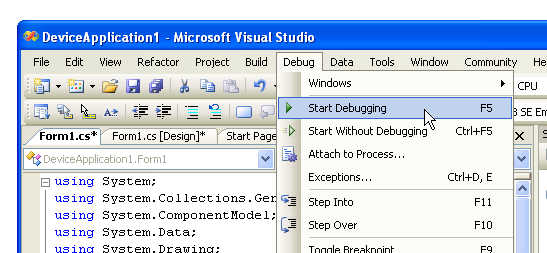 Menyval i Visual Studio-fnstret