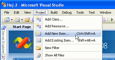 Menyval i Visual Studio-fnstret