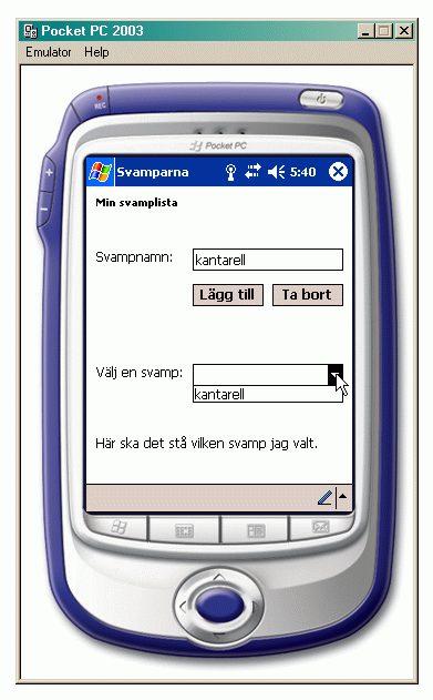 Tillmpningen "Svamparna" i emulatorn