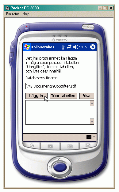 Tillmpningen "KollaDatabas" i emulatorn