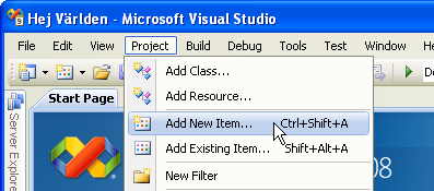 Menyval i Visual Studio-fnstret