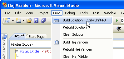 Menyval i Visual Studio-fnstret