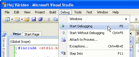 Menyval i Visual Studio-fnstret