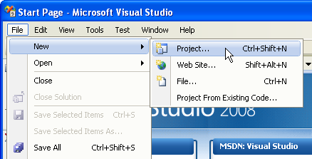 Menyval i Visual Studio-fnstret